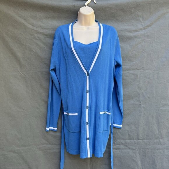 Doncaster Collection Size LM Blue White Knit Cardigan and Matching Tank Top Set - Picture 1 of 10